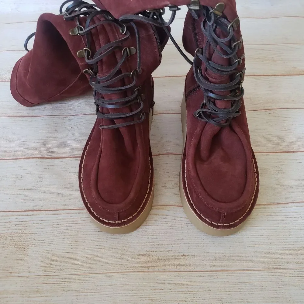 Free People Ava Suede Tall Lace-up Wedge Boot Moccasin Inspired Round Toe 39
